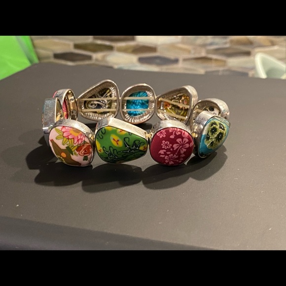 FIMO clay bracelet, bright colors set in silver metal with elastic - Picture 3 of 7